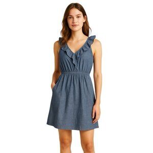 Alythea Linen Blend Chambray Ruffle Sundress Blue Large